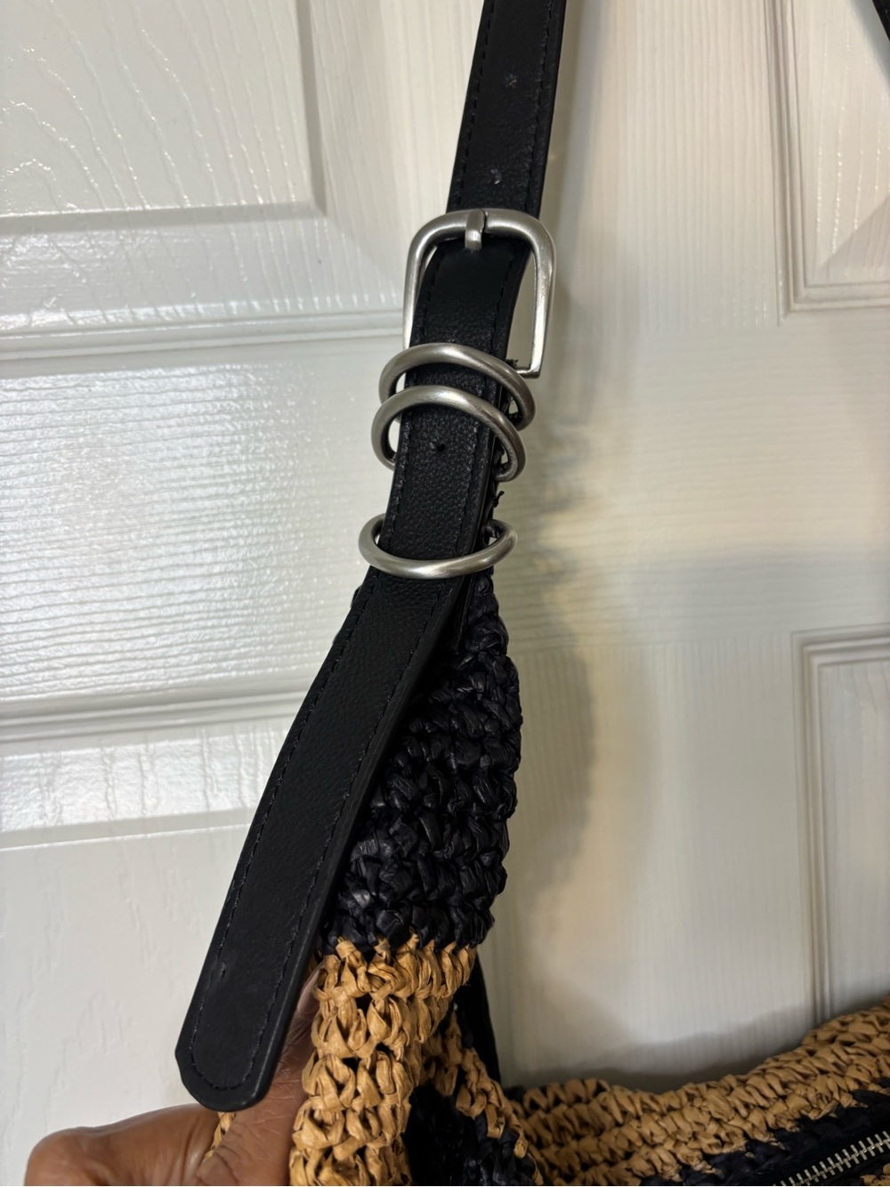 Free People Santorini Straw Tote Bag Black Tan Raffia Leather Hobo - Picture 3 of 9